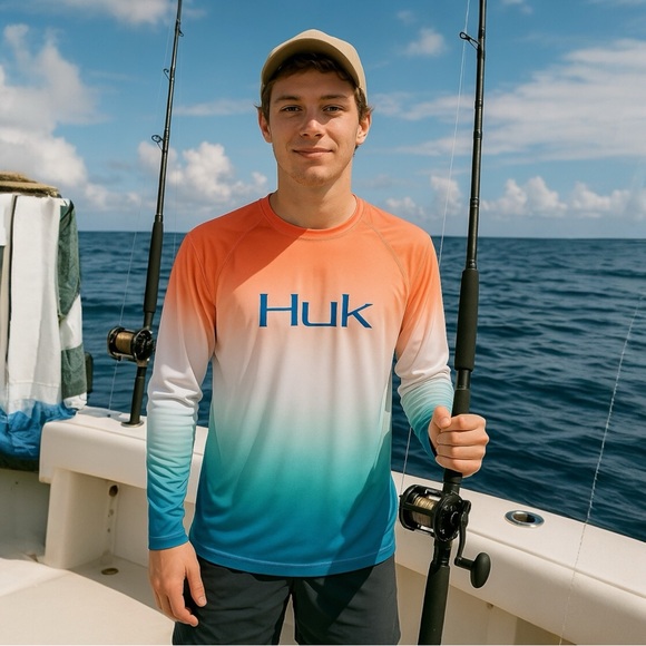 HUK Pattern Pursuit Men’s Medium Fishing Shirt Long Sleeve With Sun Block - Picture 1 of 5
